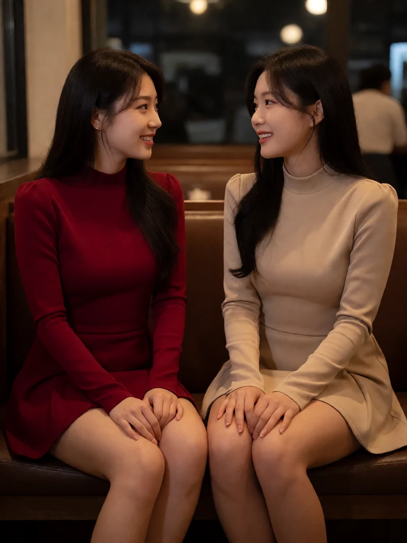两名虚构成年女性穿不透明休闲短裙在夜间咖啡馆中央交谈