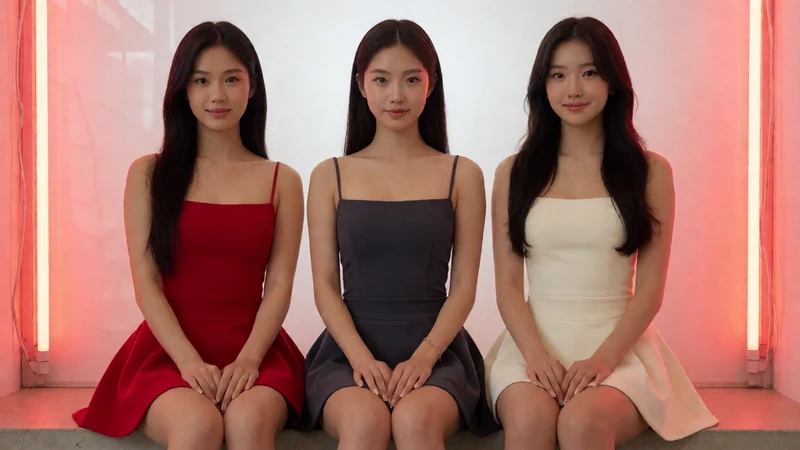 91精选主题图:三名虚构成年亚洲女性穿红黑浅色短裙坐在粉色灯光前
