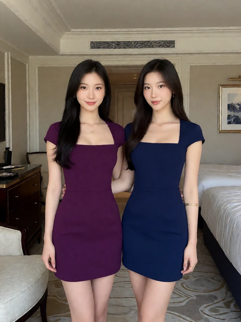 两名虚构成年女性穿不透明时尚短裙站在酒店套房中央