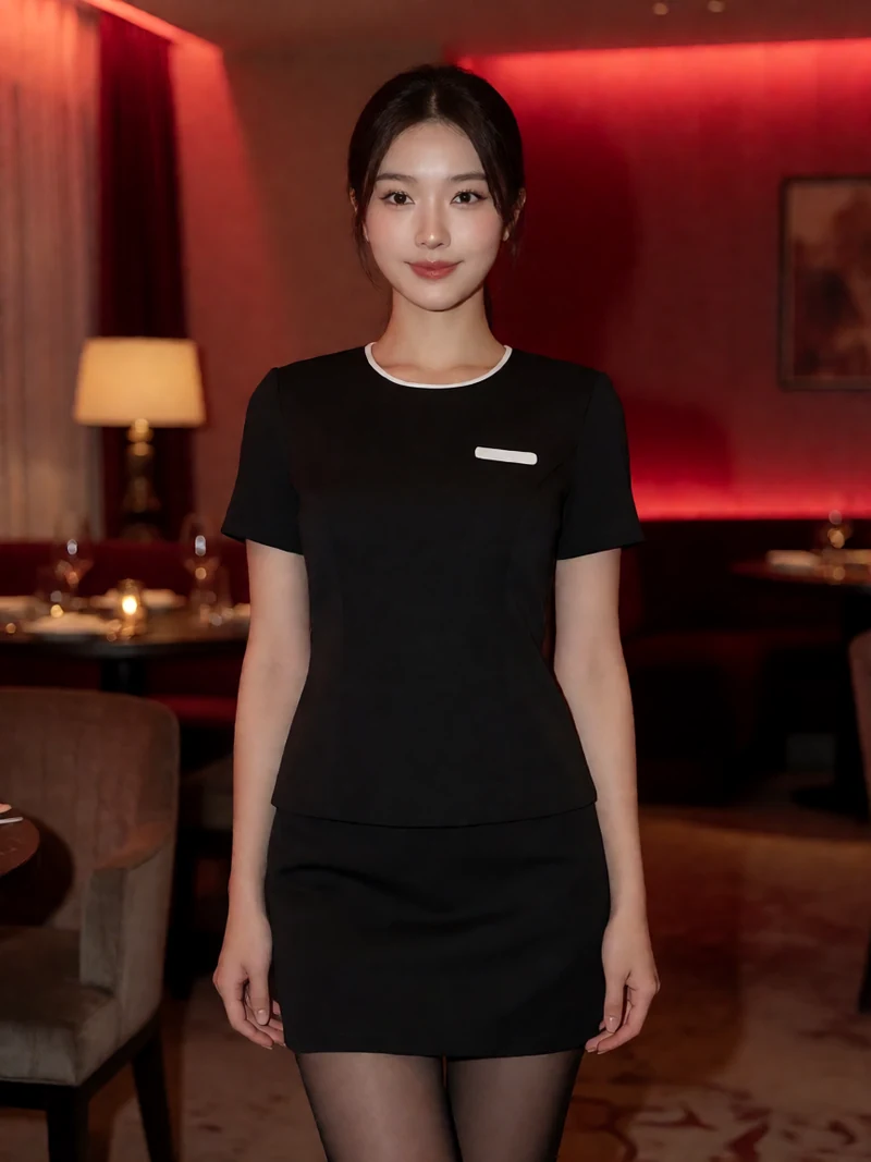 虚构成年女性穿不透明黑色短裙和服务员名牌站在酒吧中央
